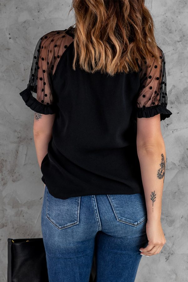 Black Polka Dot Mesh Patchwork Short Sleeve Blouse