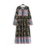 Women Clothing Autumn Ethnic Rayon Positioning Floral Tassel Long Sleeve Dress