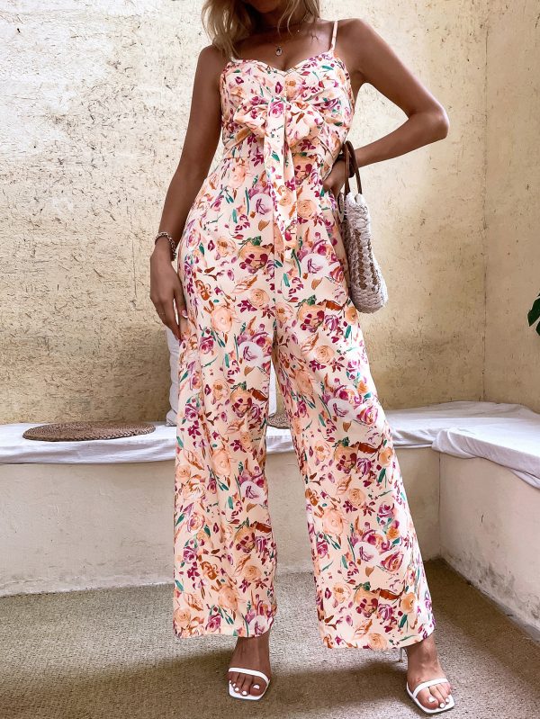 Women Summer V Neck Sling Tether Printed Wide Leg Jumpsuits