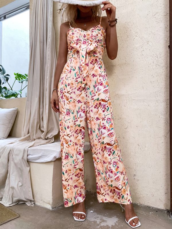 Women Summer V Neck Sling Tether Printed Wide Leg Jumpsuits