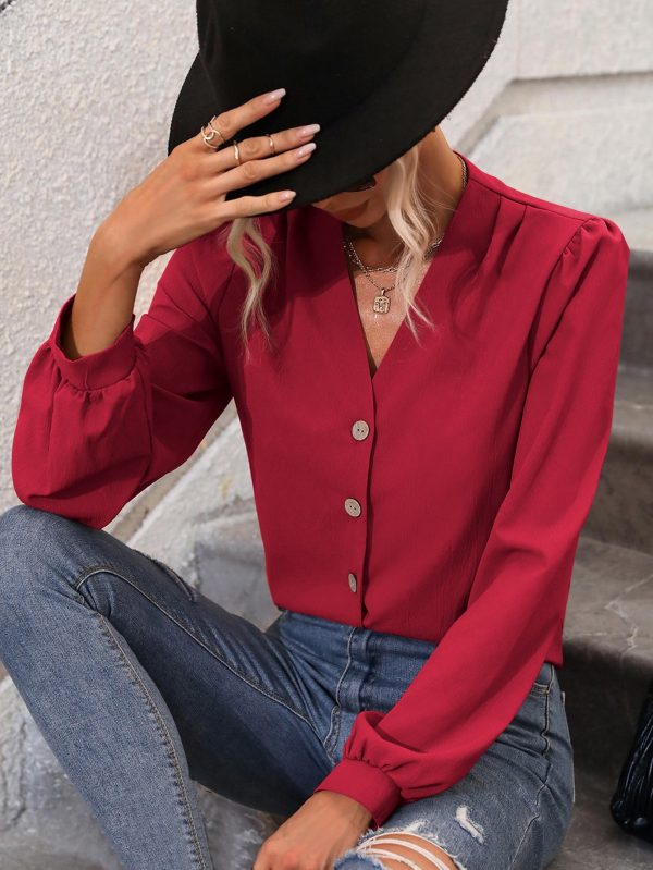 Women V Neck Long Sleeve Solid Color Elegant Regular Shirt