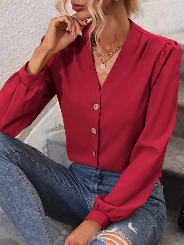 Women V Neck Long Sleeve Solid Color Elegant Regular Shirt