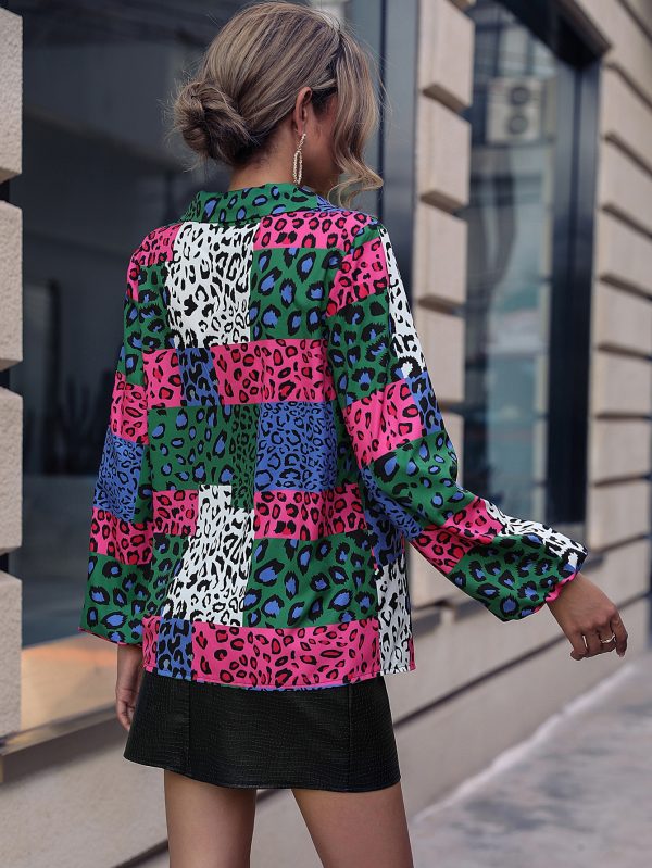 Women Collar Leopard Contrast Puff Sleeve Shirt