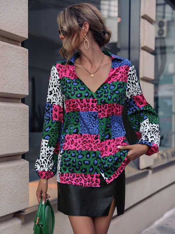 Women Collar Leopard Contrast Puff Sleeve Shirt