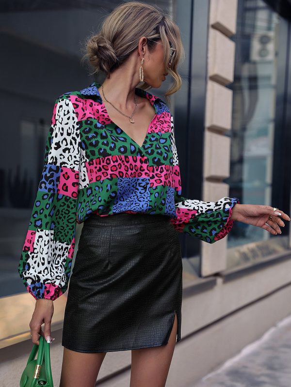 Women Collar Leopard Contrast Puff Sleeve Shirt