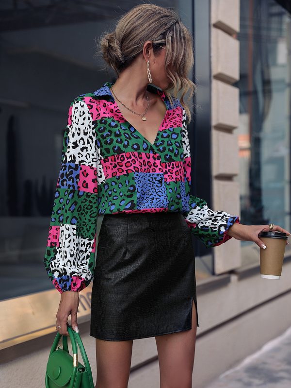 Women Collar Leopard Contrast Puff Sleeve Shirt