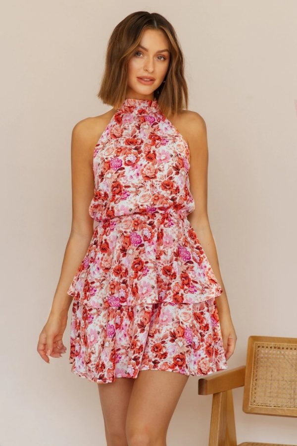 Women Summer Vacation Floral Ruffled Tiered A Line Tie Backless Dress