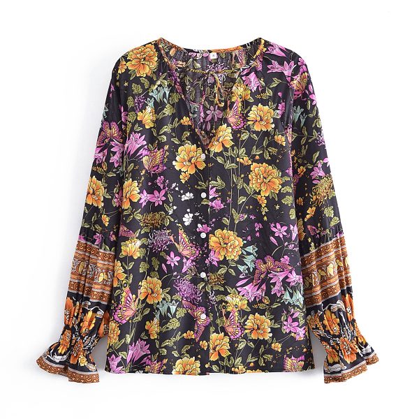 Women Clothing Vintage Loose Collared Long Sleeves Floral Print Shirt