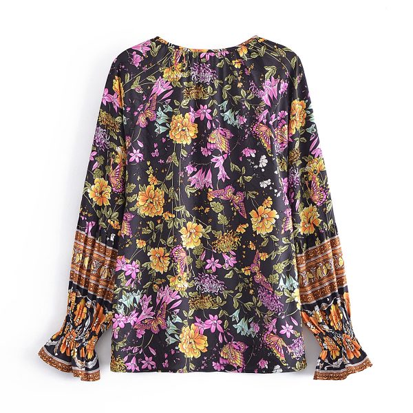 Women Clothing Vintage Loose Collared Long Sleeves Floral Print Shirt