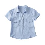 Double Pocket Collared Shirt  Women Retro College Slim Fit Figure Flattering Short Sleeve Top Summer