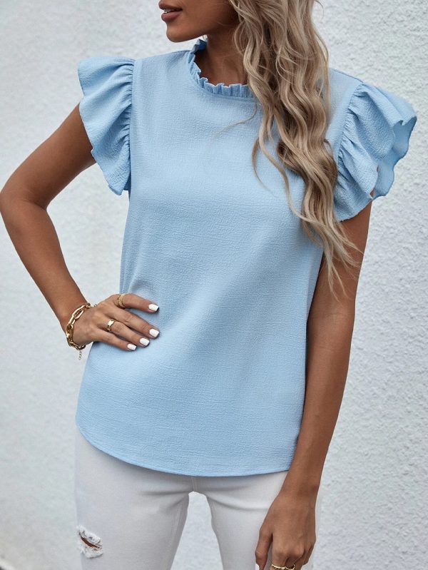 Spring Summer Casual Ruffled Vest Sweet Round Neck Women Shirt