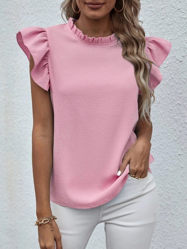 Spring Summer Casual Ruffled Vest Sweet Round Neck Women Shirt