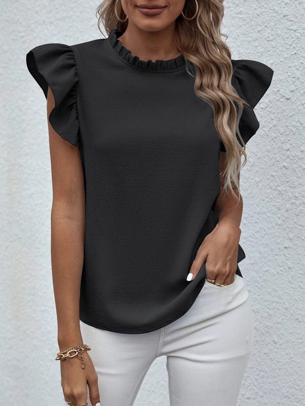 Spring Summer Casual Ruffled Vest Sweet Round Neck Women Shirt