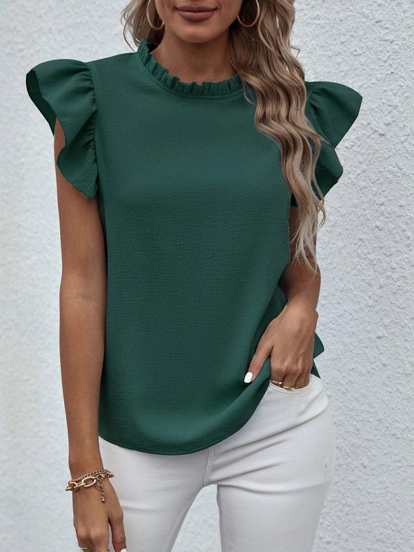 Spring Summer Casual Ruffled Vest Sweet Round Neck Women Shirt