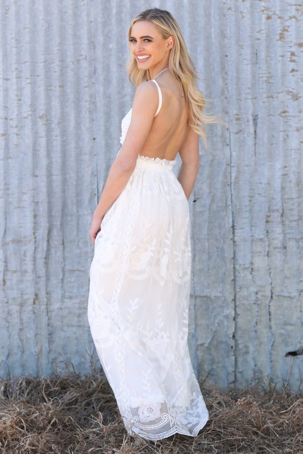 White Contrast Lace Backless Spaghetti Strap Maxi Dress