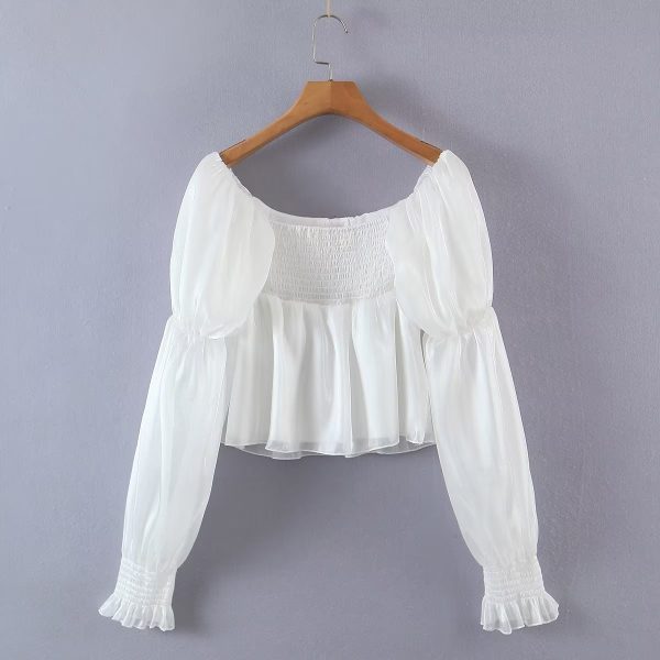 Solid Color Sweet Square Collar Bell Sleeve Top Women