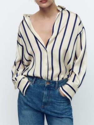 Women Striped Loose Silk Satin Textured Shirt