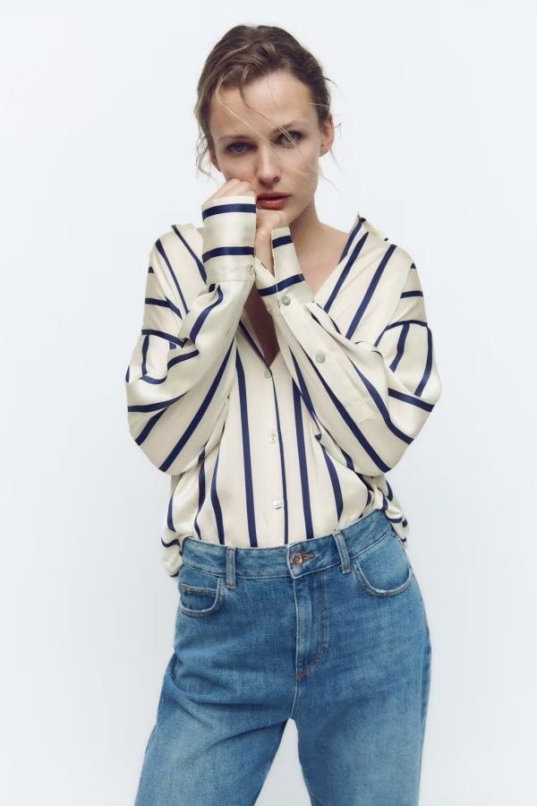 Women Striped Loose Silk Satin Textured Shirt