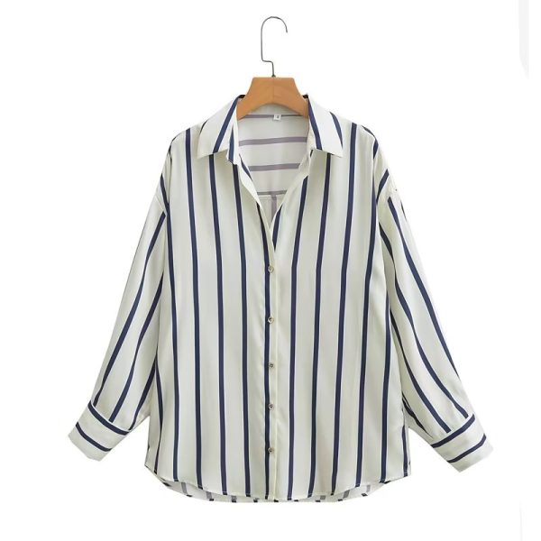 Women Striped Loose Silk Satin Textured Shirt