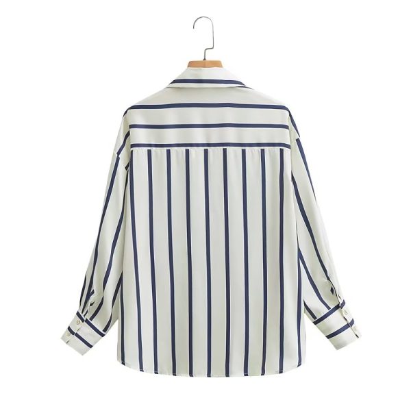 Women Striped Loose Silk Satin Textured Shirt