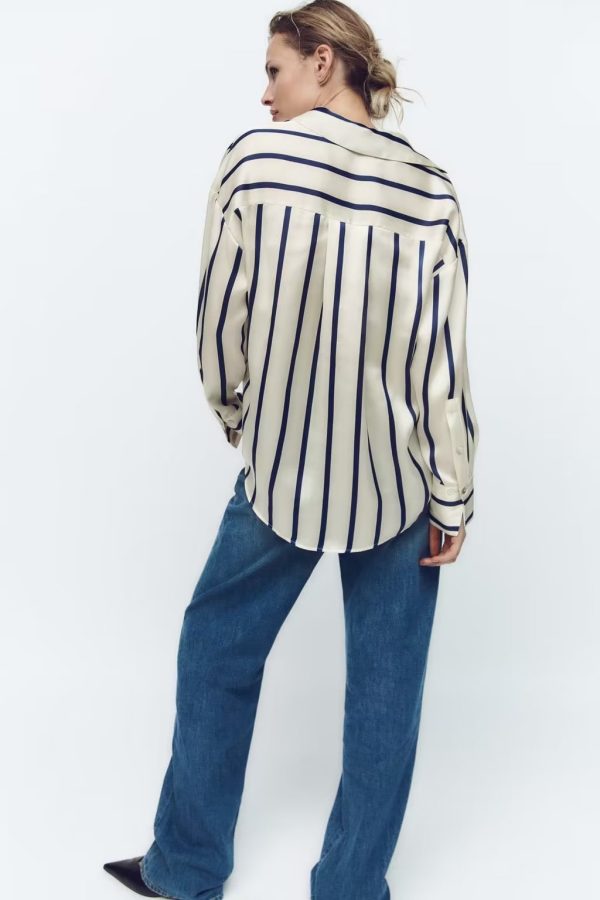 Women Striped Loose Silk Satin Textured Shirt