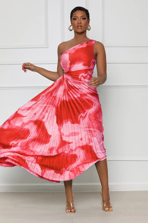 Women Clothing Summer Sexy One Shoulder Hollow Out Cutout Printed Pleated Dress