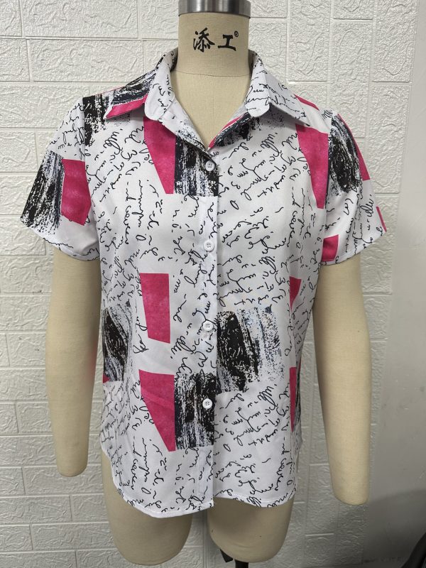 Women Clothing Summer Graphic Printing Collared Cardigan Casual Short Sleeve Shirt