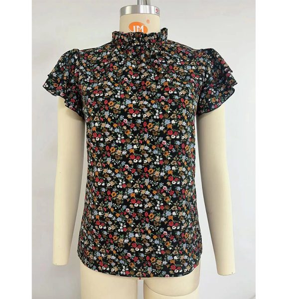 Women Clothing Summer round Neck Pullover Floral Tops Ruffle Sleeve Shirt