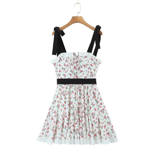 Spring Women Clothing Lace Embroidered Large Swing Small Floral Tie Neck Contrasting Color Dress Short  Crisscross