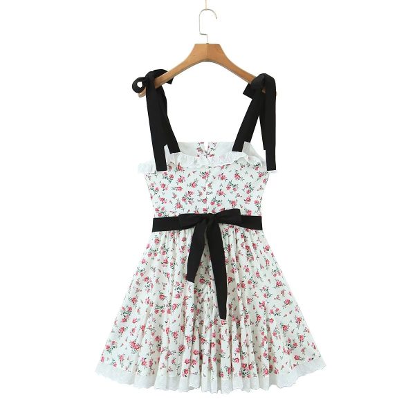 Spring Women Clothing Lace Embroidered Large Swing Small Floral Tie Neck Contrasting Color Dress Short  Crisscross