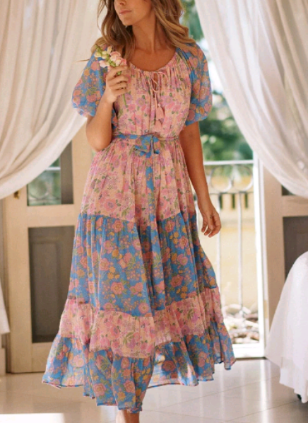 Spring Summer Women Clothing Fairy Dress Romantic Floral High Waist Puff Sleeve Dress Color Matching Dress