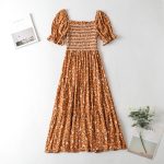 Summer Women Clothing Elastic Wrapped Chest Short Sleeve Mid Length Floral Pullover Dress Women