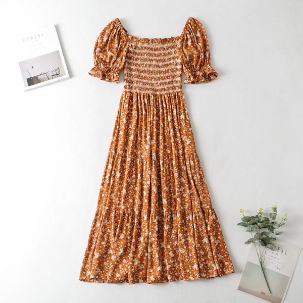 Summer Women Clothing Elastic Wrapped Chest Short Sleeve Mid Length Floral Pullover Dress Women