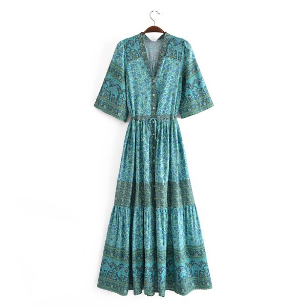 Bohemian Ethnic Vacation Summer Positioning Printed V neck Waist Controlled Large Hem Maxi Dress