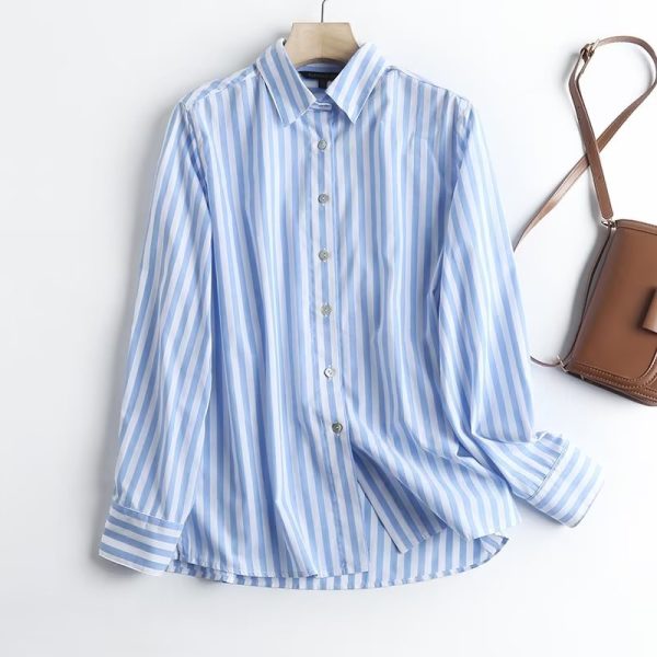 Blue Striped Shirt Women Loose Spring Autumn Korean Long Sleeve Bottoming Shirt Design Blouse