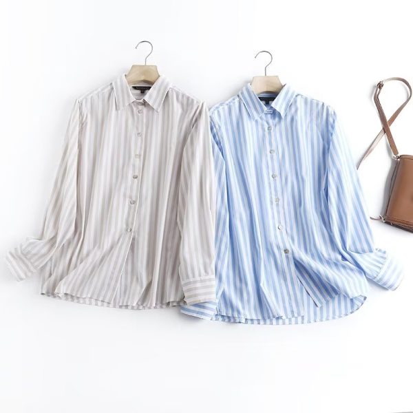 Blue Striped Shirt Women Loose Spring Autumn Korean Long Sleeve Bottoming Shirt Design Blouse