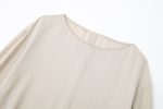 Women round Neck Spring Drawstring Hem Silk Satin Texture Drape Shirt Loose