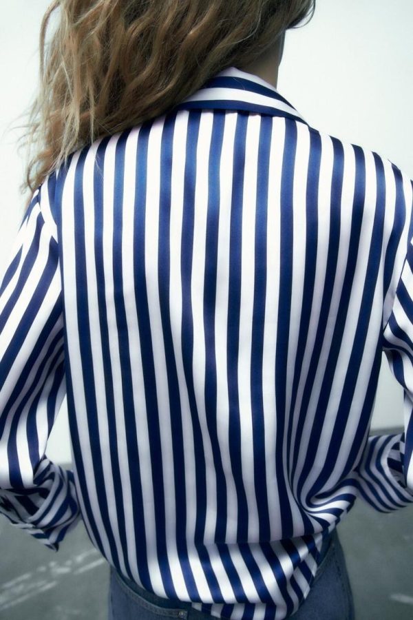 Women Spring Fall Long Sleeve Blue Striped Shirt Top