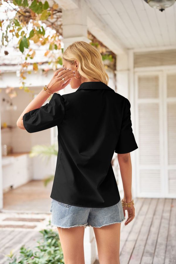 Summer Casual Loose Shirt Buckle V neck Solid Color Peplum Top Women