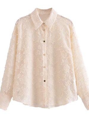 Elegant Solid Color Collared Long Sleeve Cardigan Top Spring Translucent Stitching Shirt