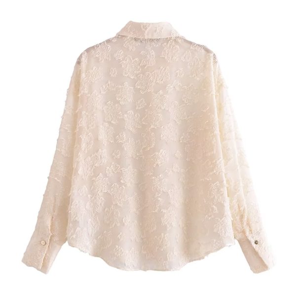 Elegant Solid Color Collared Long Sleeve Cardigan Top Spring Translucent Stitching Shirt