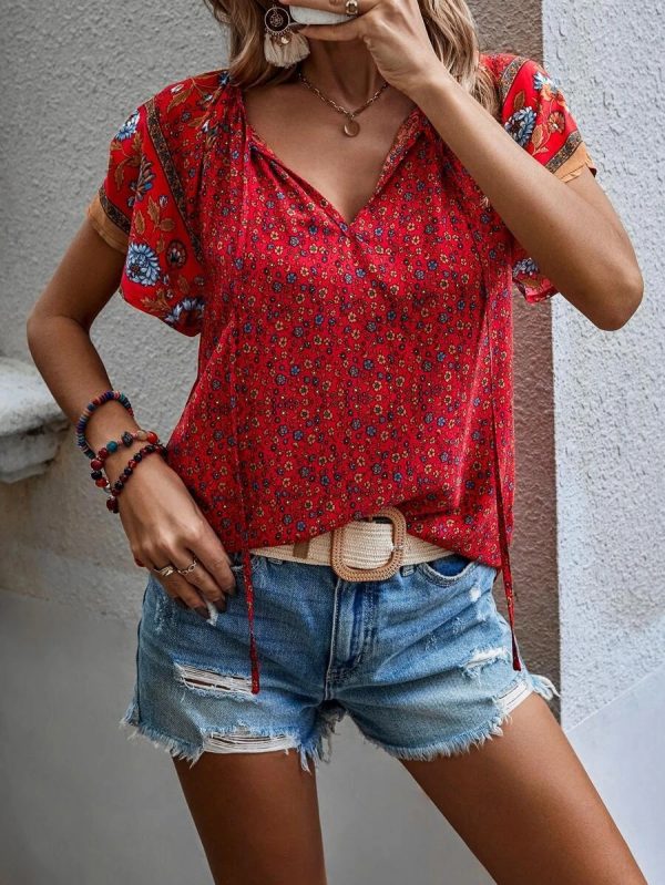 Summer Women Clothing Casual Loose V neck Ethnic Print Short Sleeve Shirt