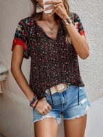 Summer Women Clothing Casual Loose V neck Ethnic Print Short Sleeve Shirt