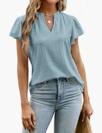 Summer Women Clothes Solid Color V neck Double Layer Ruffled Hollow Out Short Sleeve Women Casual T shirt