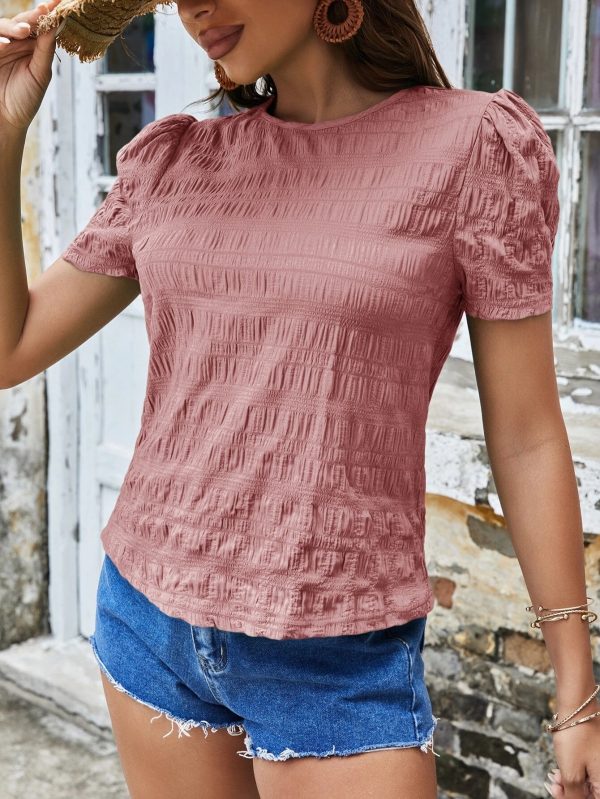 Spring Summer Women Shirt Jacquard Plaid Crew Neck Casual Short Sleeved Top