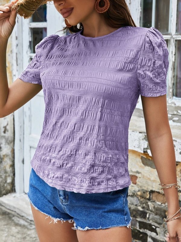 Spring Summer Women Shirt Jacquard Plaid Crew Neck Casual Short Sleeved Top