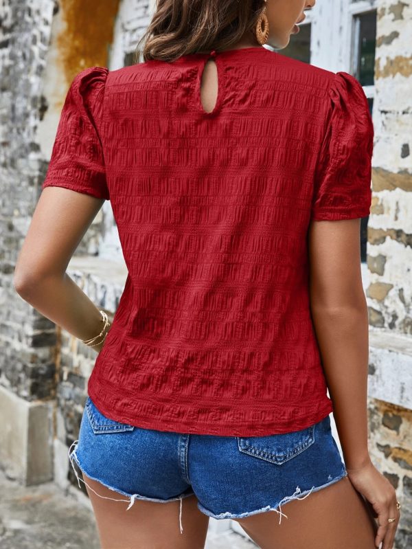 Spring Summer Women Shirt Jacquard Plaid Crew Neck Casual Short Sleeved Top