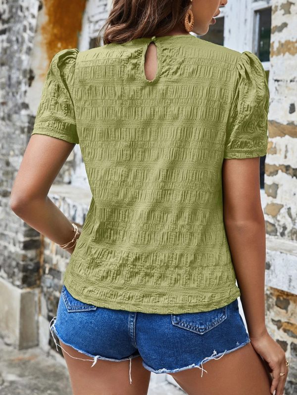 Spring Summer Women Shirt Jacquard Plaid Crew Neck Casual Short Sleeved Top