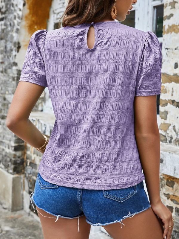 Spring Summer Women Shirt Jacquard Plaid Crew Neck Casual Short Sleeved Top