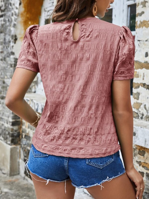 Spring Summer Women Shirt Jacquard Plaid Crew Neck Casual Short Sleeved Top